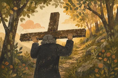 Solitary Believer Carrying Cross Uphill