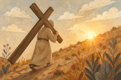 Solitary Pilgrim Carrying Cross Uphill