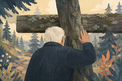 Elder Carrying Wooden Cross Through Forest