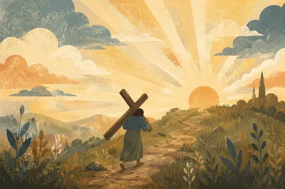 Silhouetted Cross Bearer on Sunrise Hillside