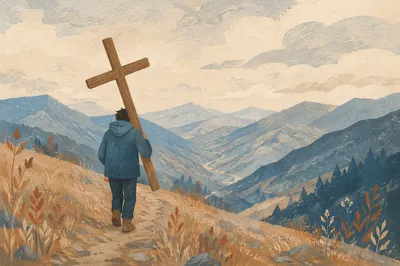 Solitary Figure Carrying Cross on Hillside