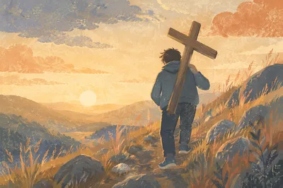 Person Carrying Cross on Hillside Path