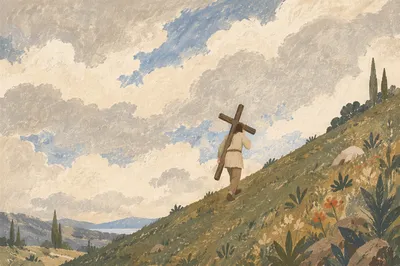 Solitary Figure Carrying Cross Up Hillside