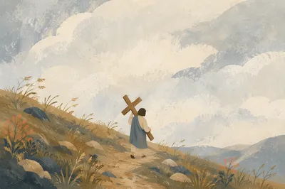 Person Carrying Cross on Quiet Hillside