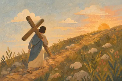 Person Carrying Cross on Sunset Hillside