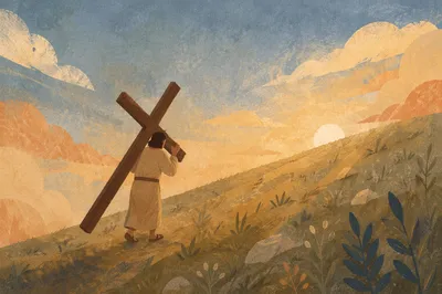 Person Carrying Cross at Dawn Hillside