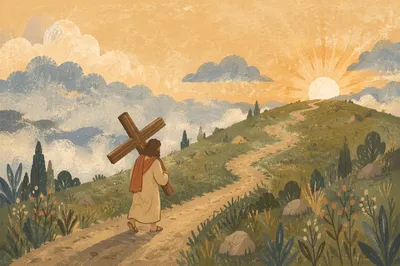 Person Carrying Cross at Sunrise Hillside