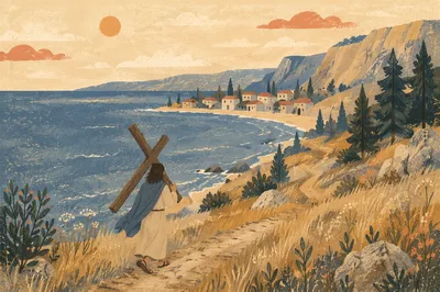 Solitary Cross Bearer on Coastal Hillside