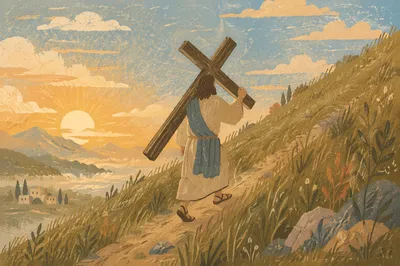 Pilgrim Carrying Cross Up Misty Hillside