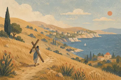 Pilgrim Carrying Cross on Coastal Hillside