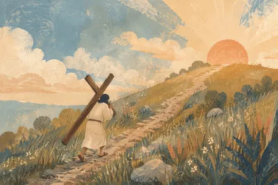 Person Carrying Cross Up Dawn Hillside