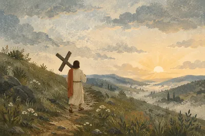 Person Carrying Cross Up Dawn Hillside