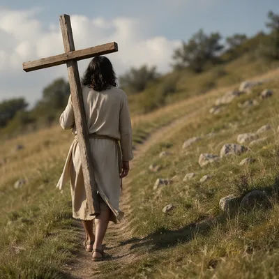 Solitary Believer Carrying Cross Uphill