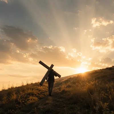 Person Carrying Cross Toward Sunrise