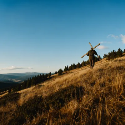 Solitary Cross Bearer on Golden Hillside