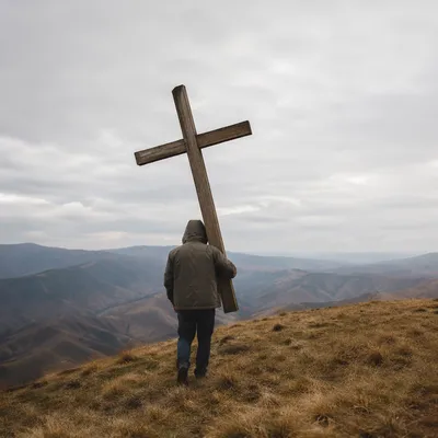 Solitary Cross Bearer on Windswept Hillside