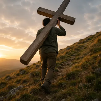 Man Carrying Wooden Cross Uphill at Dawn