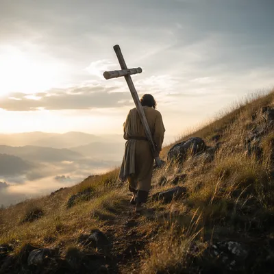 Pilgrim Carrying Cross Up Morning Hillside