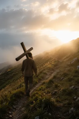 Person Carrying Cross at Sunrise Hillside