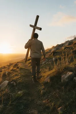 Man Carrying Wooden Cross at Dawn