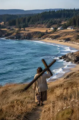 Solitary Pilgrim Carrying Cross Up Coastal Hill
