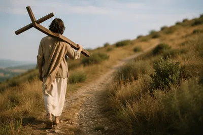 Solitary Believer Carrying Cross Up Hillside