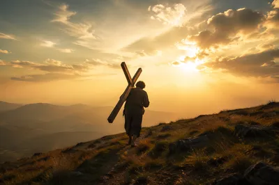 Lone Pilgrim Carrying Cross Toward Sunrise