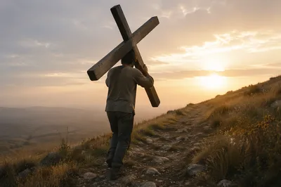 Man Carrying Wooden Cross at Dawn