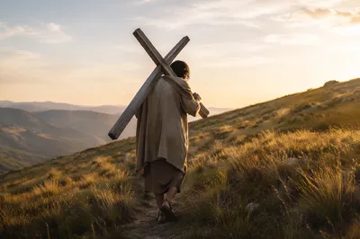 Solitary Believer Carrying Cross Uphill