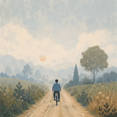 Cyclist on Misty Countryside Road