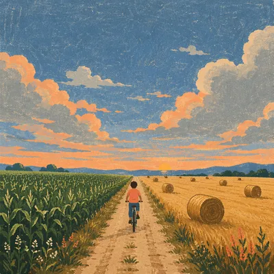 Cyclist on Quiet Country Farm Road