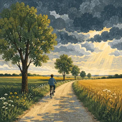 Cyclist on Country Road Under Storm Clouds