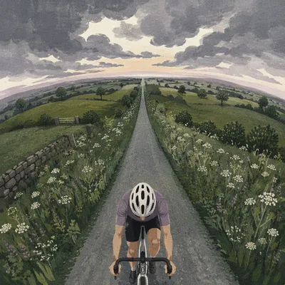 Cyclist on Stormy Countryside Road