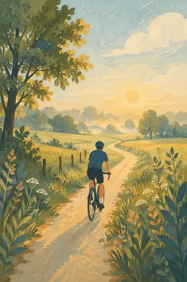 Cyclist on Misty Country Road at Dawn