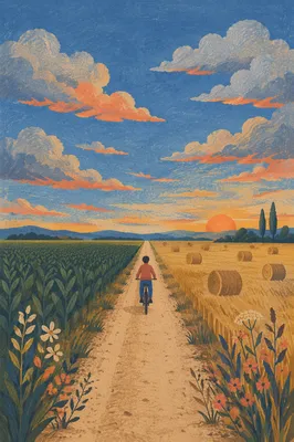 Cyclist on Countryside Road at Sunset