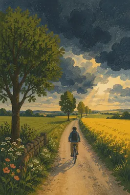 Cyclist on Country Road Under Storm Clouds
