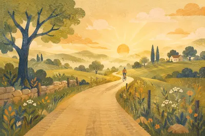 Morning Cyclist on Peaceful Countryside Road