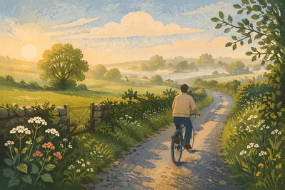 Peaceful Cycling on Country Road at Dawn