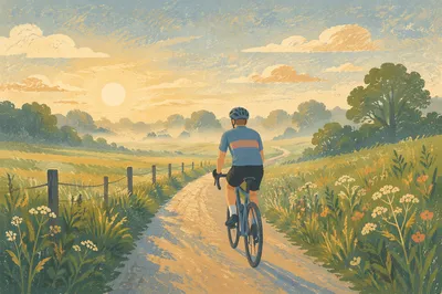Cyclist on Misty Countryside Morning Road