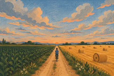 Cyclist on Rural Road at Sunset
