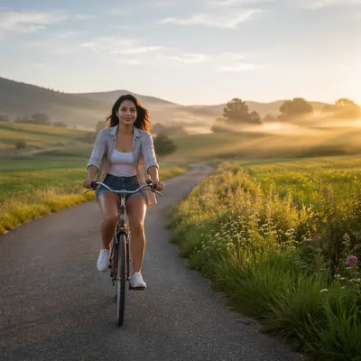Woman Cycling Along Green Country Road