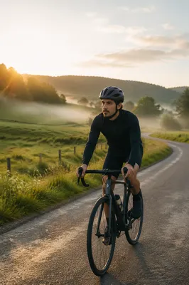 Cyclist on Countryside Road at Sunrise