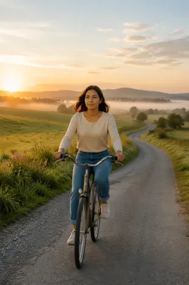 Woman Cycling Along Green Country Road