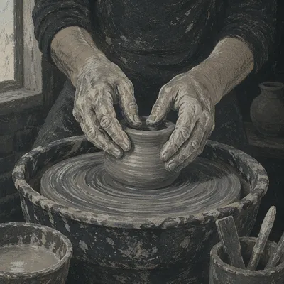 Hands Shaping Clay on Pottery Wheel
