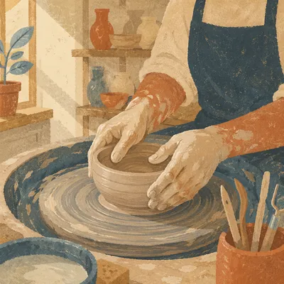Hands Shaping Clay on Pottery Wheel