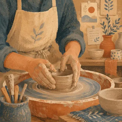 Hands Shaping Clay on Pottery Wheel