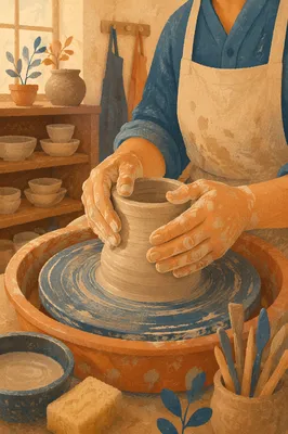 Hands Shaping Clay on Pottery Wheel