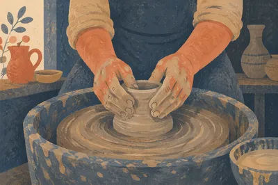 Wet Hands Shaping Clay on Pottery Wheel