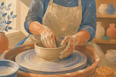 Hands Shaping Clay on Pottery Wheel