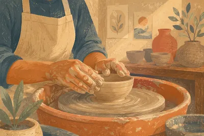 Hands Shaping Clay on Pottery Wheel
